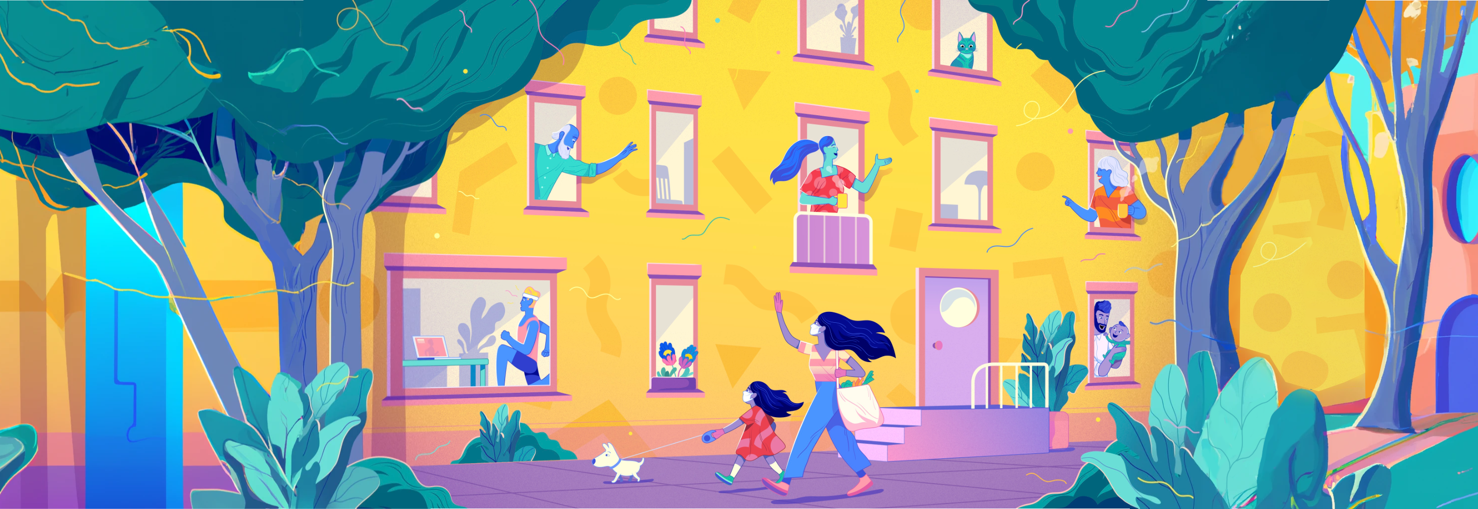 Ilustração de mãe e filha passando em frente a um prédio, nas janelas pessoas acenando e conversando