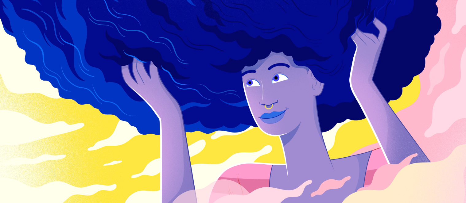 Ilustração de mulher morena com piercing dourado no nariz olhando para cima e segurando seu cabelo, que considera-se um blackpower