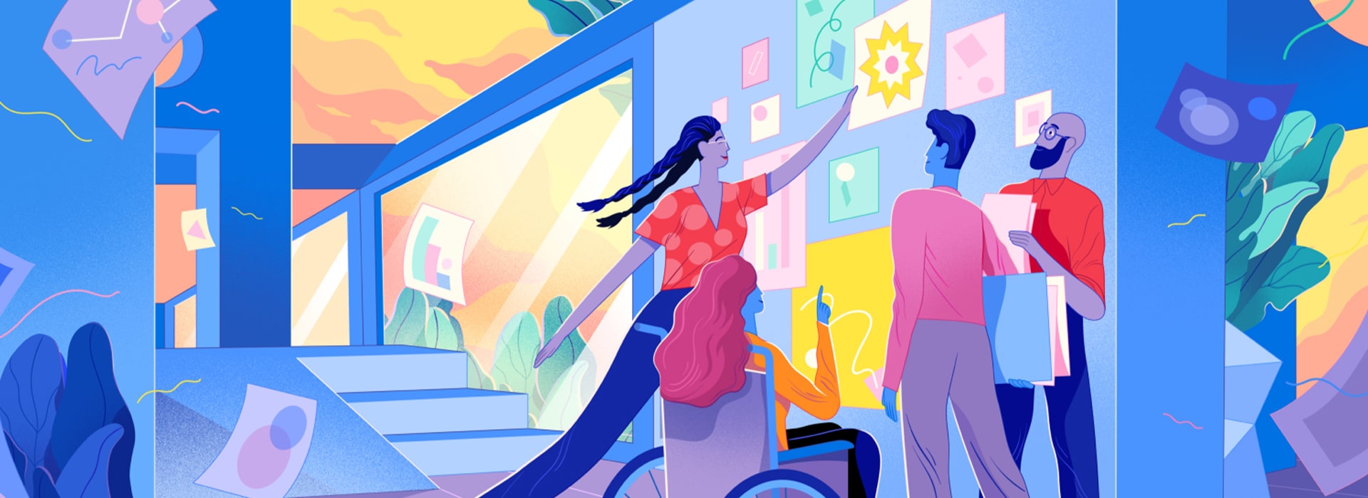 Ilustração de pessoas numa sala interagindo, uma delas cola um papel em uma parede cheia de papeis