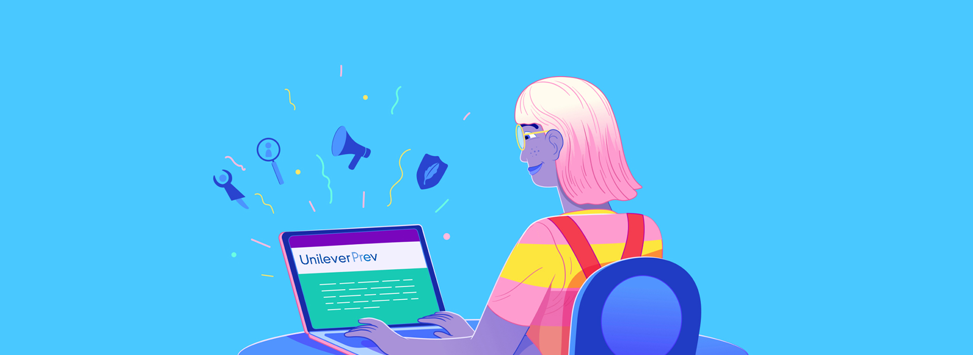 Ilustração de mulher em frente a um notebook, na tela está o logo da unileverprev.