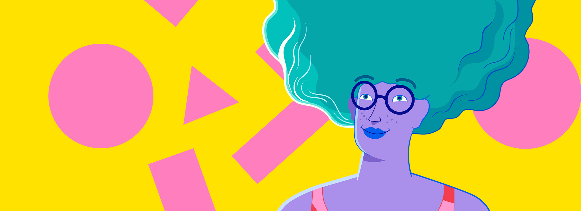 Ilustração de mulher com cabelos verdes, usando óculos. Ao fundo amarelo, formas geométricas em rosa