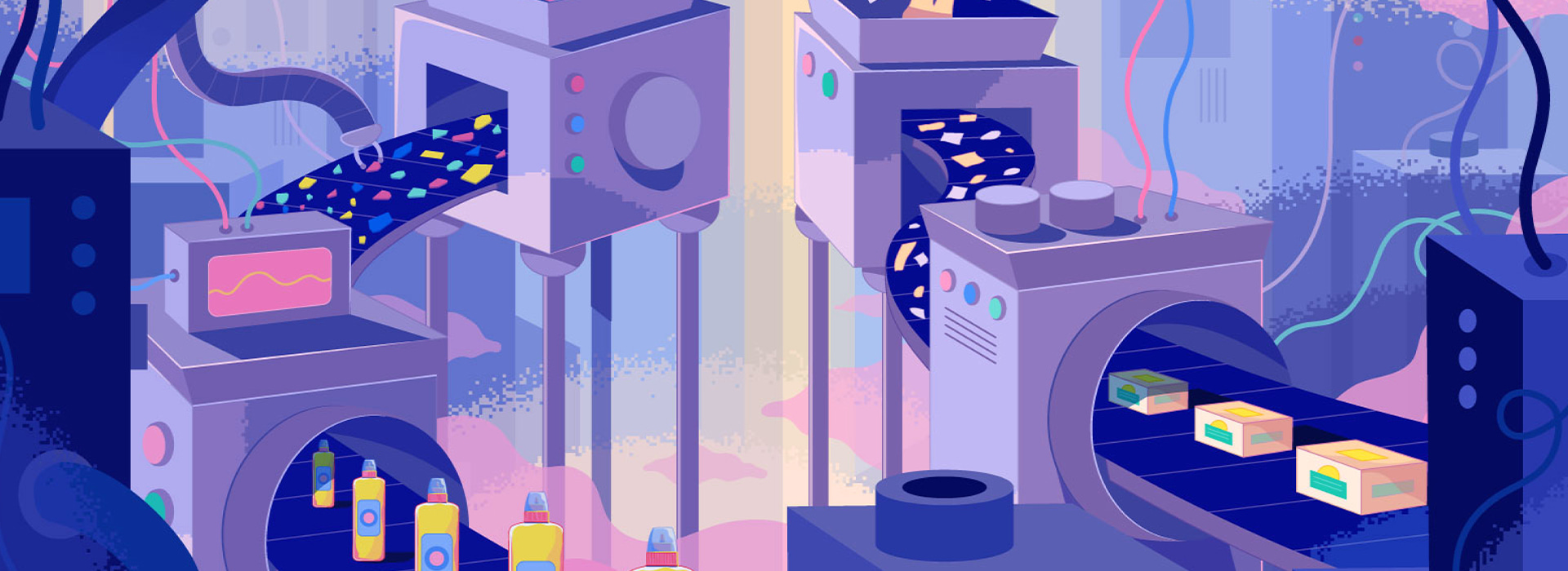 Ilustração de uma linha de produção de uma fábrica com produtos Unilever