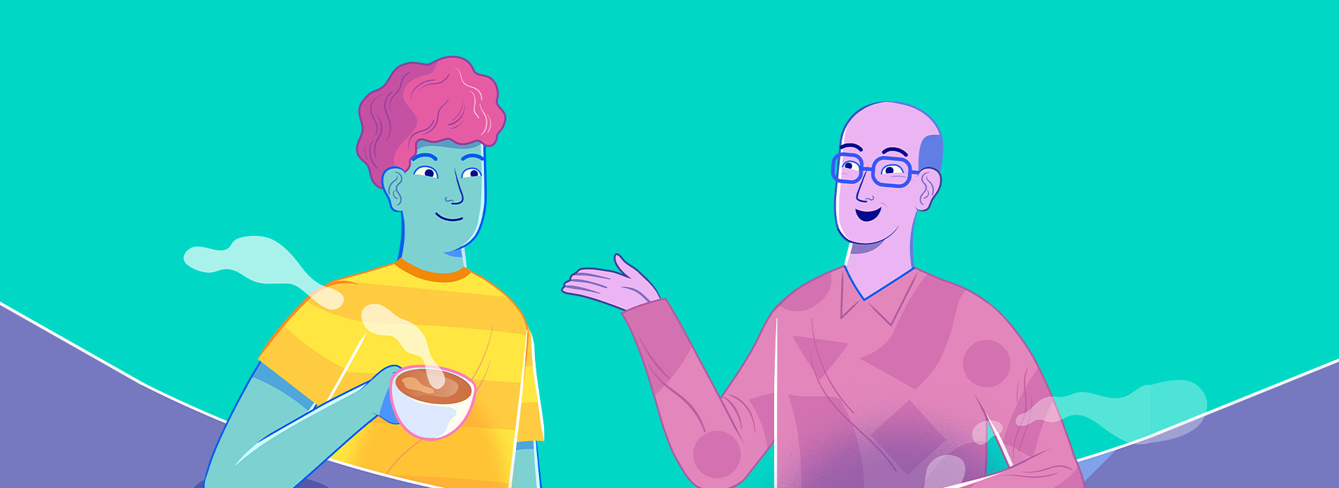 Ilustração de dois homens conversando, um deles está segurando uma xícara de café.