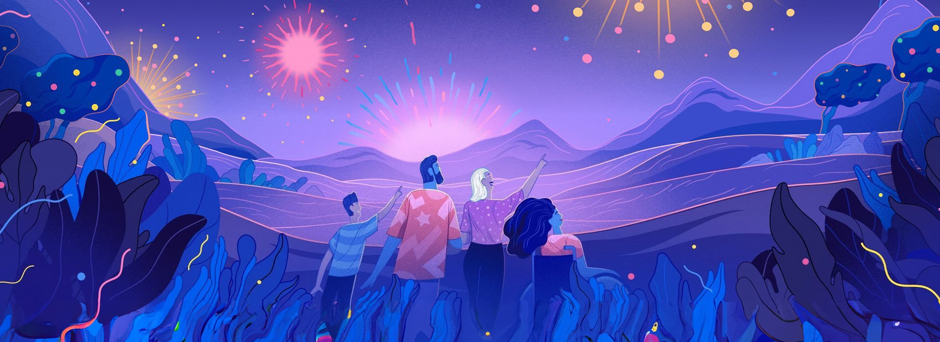 Ilustração de família de quatro pessoas olhando para o céu com fogos de artifício em meio a floresta