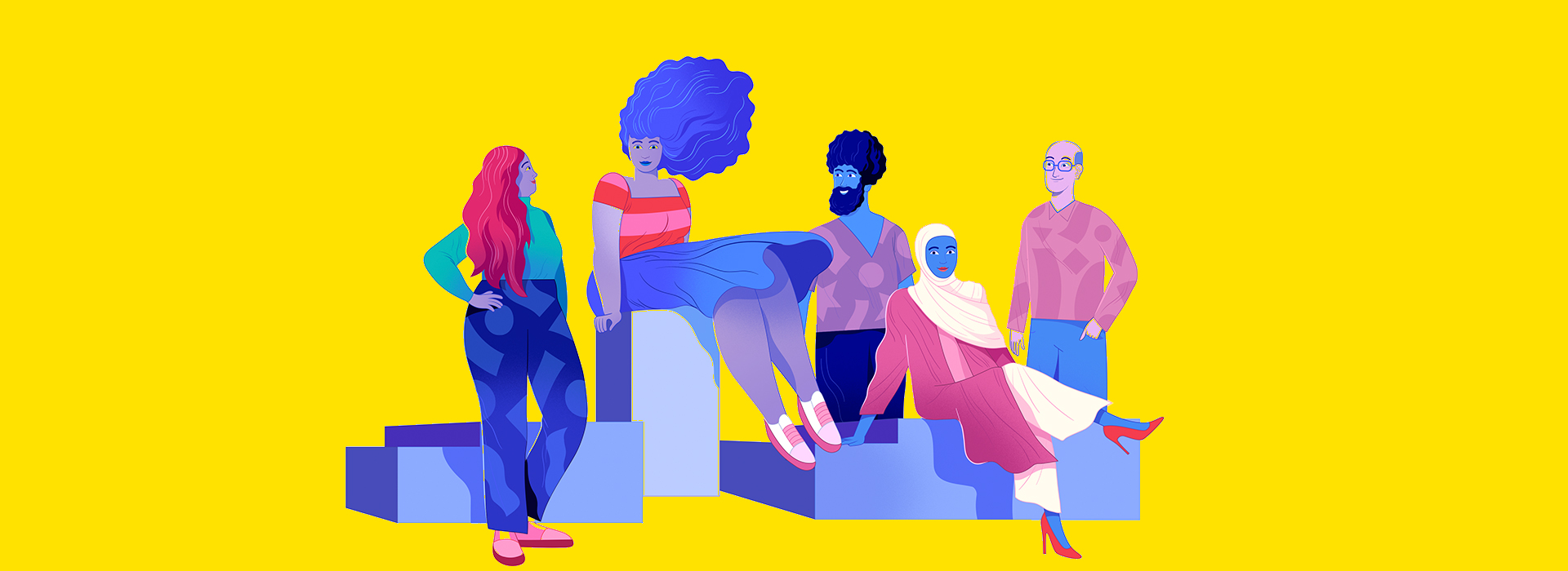 Ilustração animada com grupo de cinco pessoas de culturas e raças diversas, 3 mulheres e 2 homens.