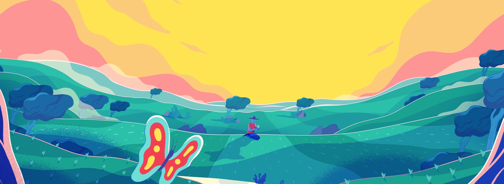 Ilustração de campos verdes com por do sol ao fundo, há uma pessoa no centro sentada com uma muda.