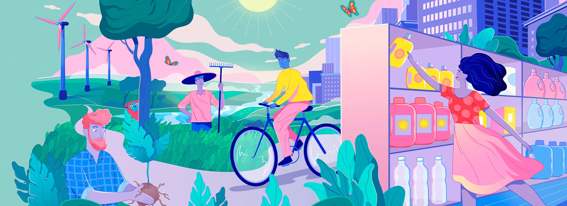 Ilustração de uma cidade, com plantas e árvores e trabalhadores, há geradores eólicos ao fundo
