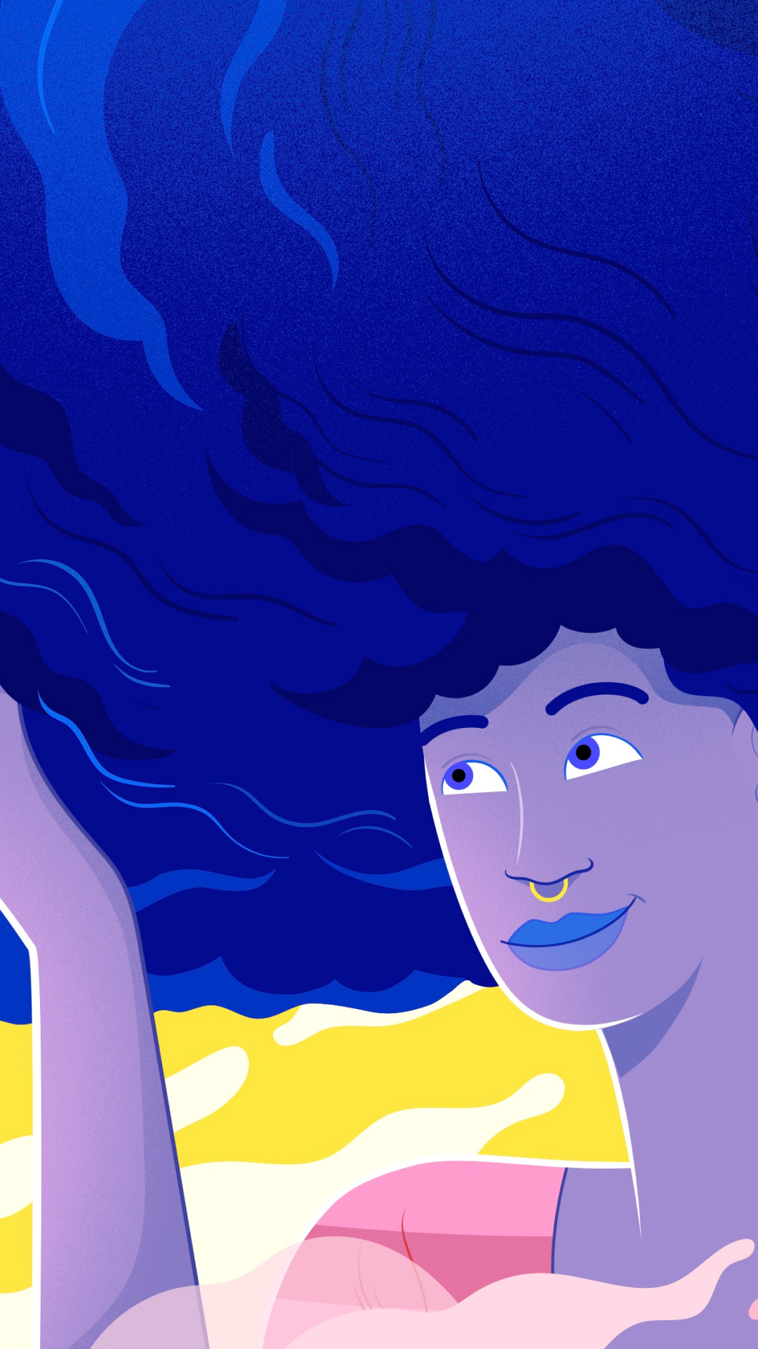 Ilustração de mulher morena com piercing dourado no nariz olhando para cima e segurando seu cabelo, que considera-se um blackpower