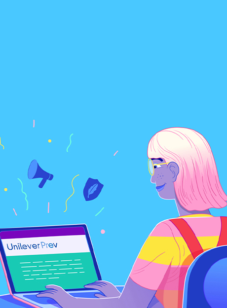 Ilustração de mulher em frente a um notebook, na tela está o logo da unileverprev.