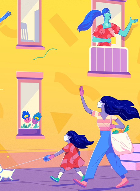 Ilustração de mãe e filha passando em frente a um prédio, nas janelas pessoas acenando e conversando