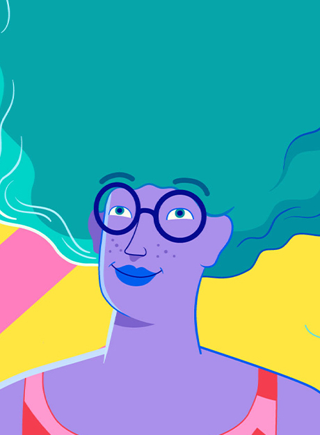 Ilustração de mulher com cabelos verdes, usando óculos. Ao fundo amarelo, formas geométricas em rosa
