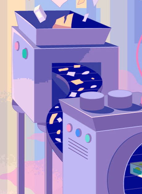 Ilustração de uma linha de produção de uma fábrica com produtos Unilever