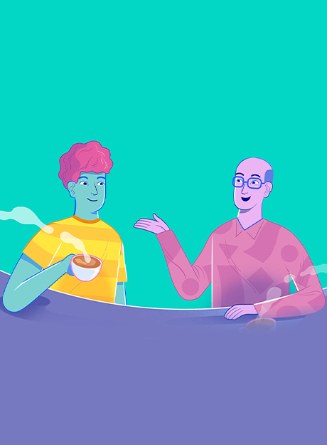 Ilustração de dois homens conversando, um deles está segurando uma xícara de café.