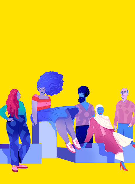 Ilustração animada com grupo de cinco pessoas de culturas e raças diversas, 3 mulheres e 2 homens.