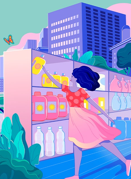 Ilustração de uma cidade, com plantas e árvores e trabalhadores, há geradores eólicos ao fundo